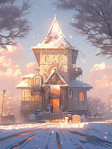 冬天雪中一座卡通复古城堡图片