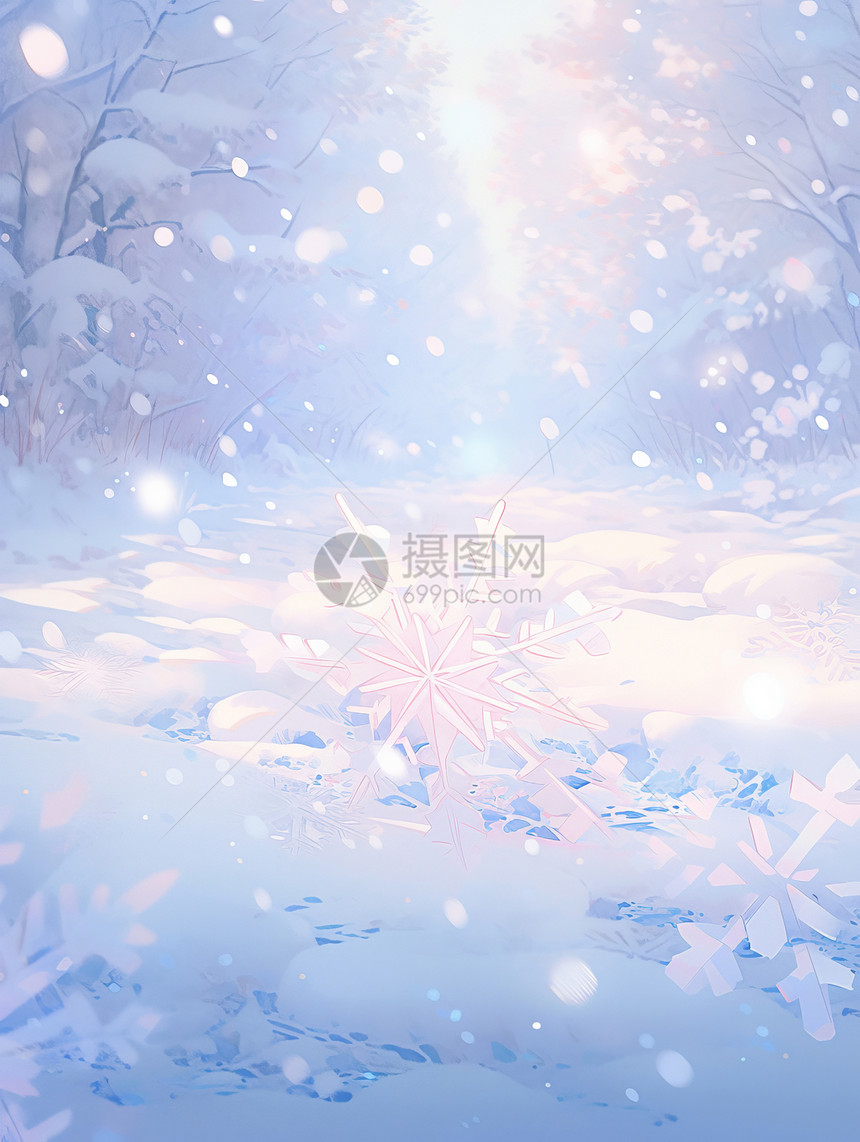 小清新浅色系浪漫的卡通雪景图片