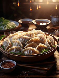 传统美食水饺一盘美味的手工水饺与蘸料插画