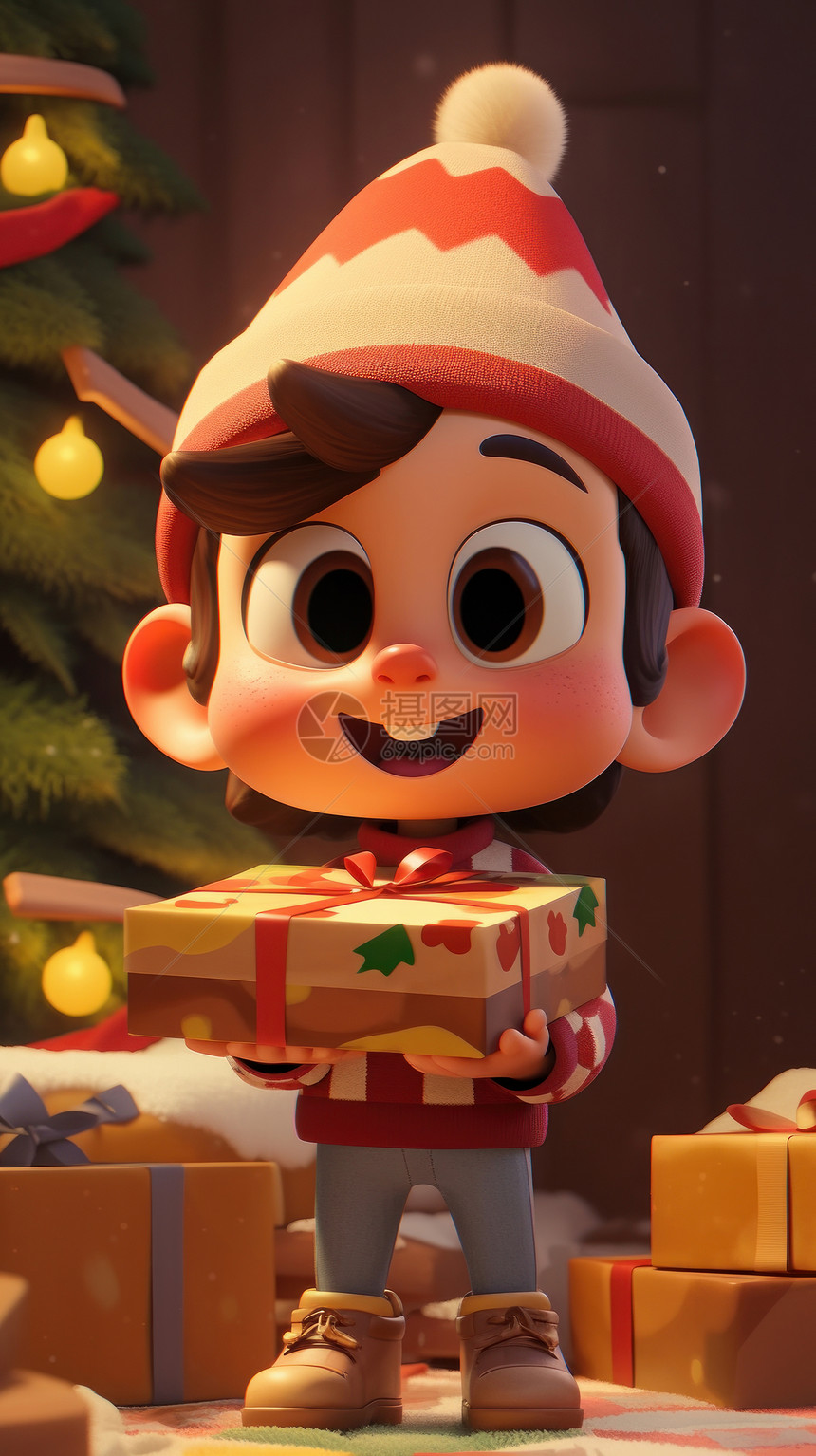 圣诞节开心抱着礼物的卡通男孩图片