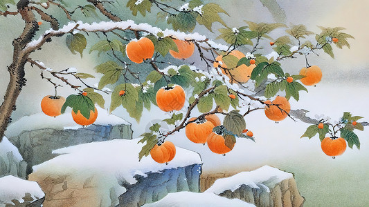 冬天果实树上结满柿子的雪景图插画