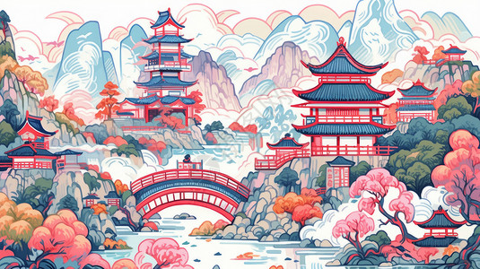 秋天唯美的山水卡通风景炫彩线条插画背景图片