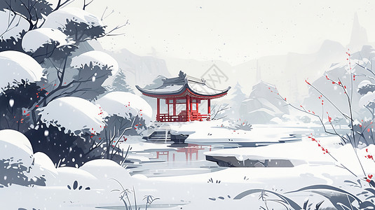 中国风冬天唯美雪后风景画背景图片