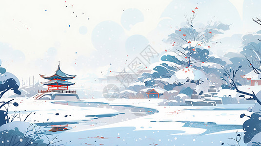 放学后的大雪下大雪中国风唯美冬天山水画插画