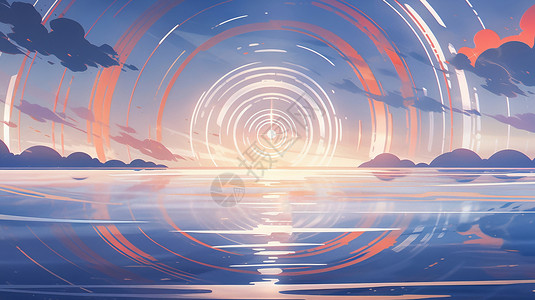湖面上抽象的落日与山川卡通风景图片