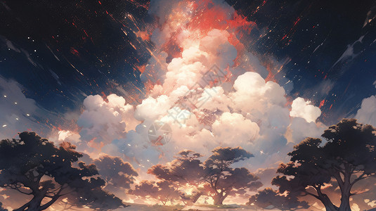 林贾尼火山梦幻的卡通云朵在林上空插画