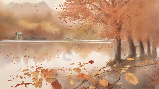 湖边的秋色秋天树木图片