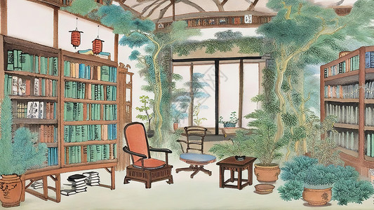 中式书架书房室内舒适装饰插画