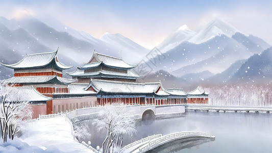 台北故宫博物馆冬天下雪古城插画