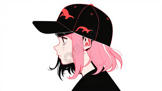 粉色短发戴黑色棒球帽的卡通女孩头像图片