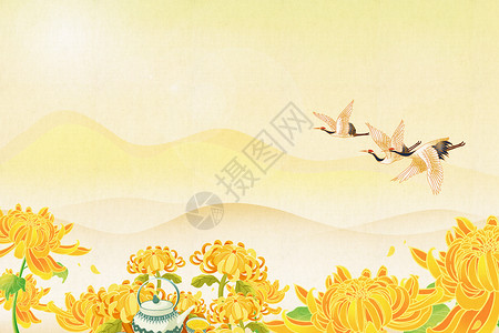 茶壶logo菊花山水背景设计图片