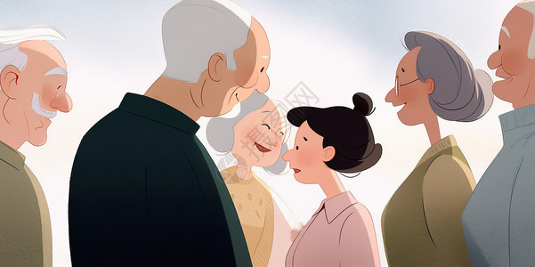 开心的老年人在一起开心说话的卡通老年人们插画