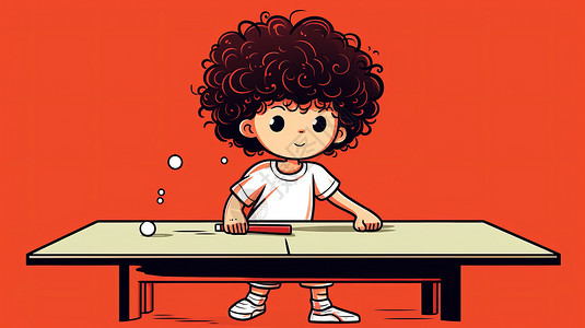 在乒乓球台旁的卷发卡通人物背景图片