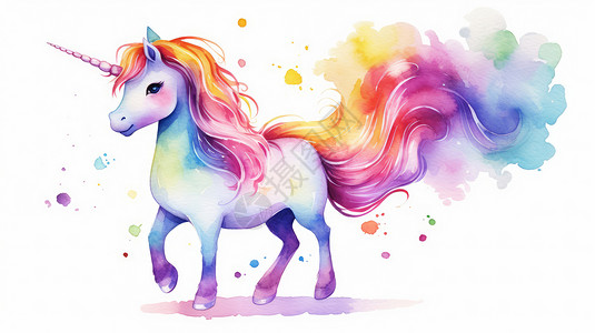 彩虹色的尾巴水彩风卡通小白马背景图片