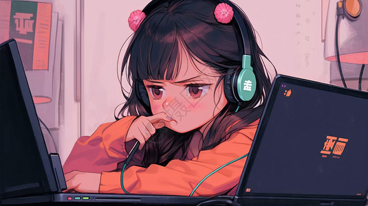 戴着耳麦看着电脑思考的可爱卡通小女孩背景图片