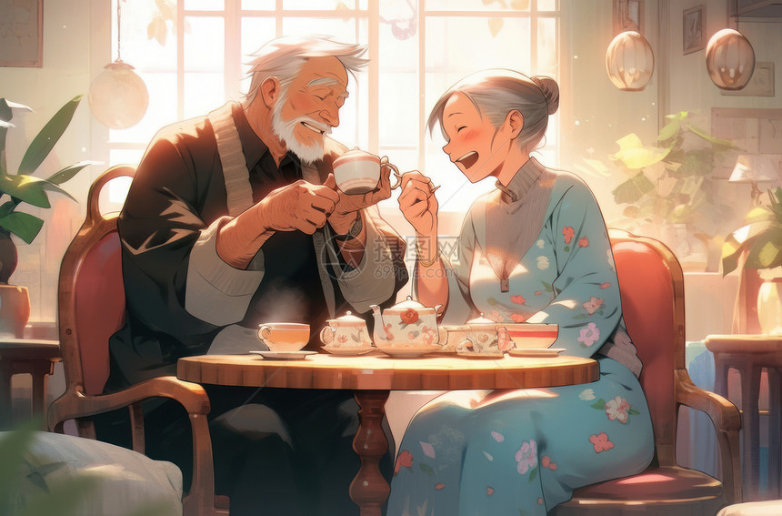 坐在餐桌旁喝下午茶的卡通老爷爷老奶奶图片