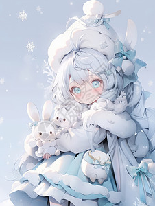 冬天大雪中抱着玩具的可爱卡通小女孩图片