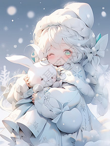 大雪中抱着玩具很开心的可爱卡通女孩图片