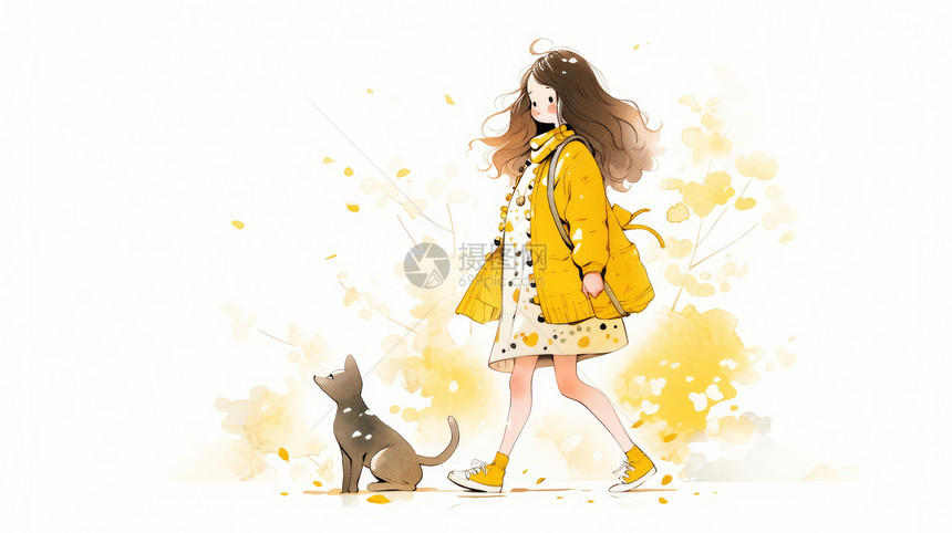 秋天走在路上穿黄色外套的可爱长发卡通小女孩图片
