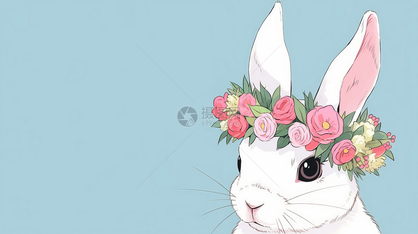 头戴粉色花环的可爱卡通小白兔图片