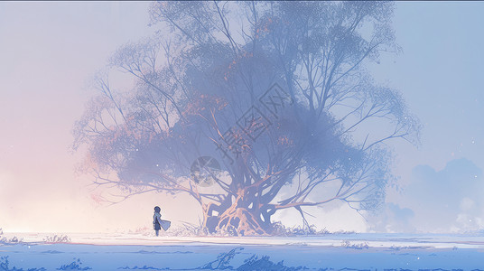 冬天雪地中一棵古老的大树高清图片
