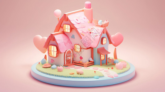 粉色屋顶可爱的立体卡通小屋背景图片