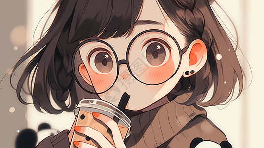 正在喝奶茶戴黑框眼镜的可爱大眼睛卡通女孩图片