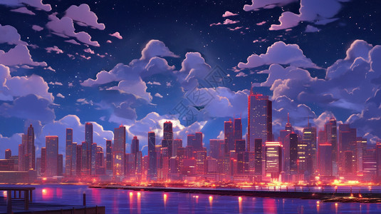 夜晚灯火通明的卡通城市背景图片