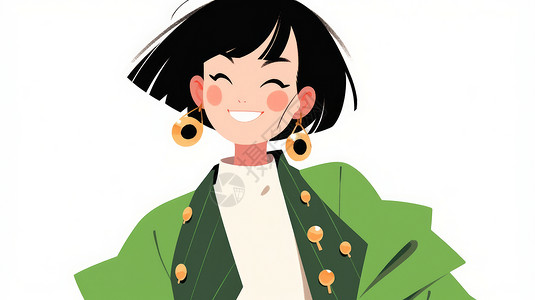 绿色风衣开心笑穿绿色外套的卡通女孩插画