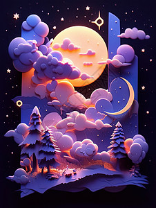 森林上空一轮巨大的圆月唯美梦幻紫色调卡通森林背景图片
