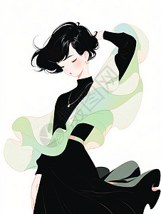 穿黑色长裙绿色披肩漂亮的卡通年轻女孩图片