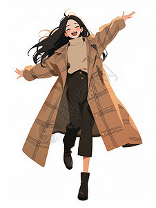 格子大衣长发开心笑的卡通女人穿棕色格子外套插画