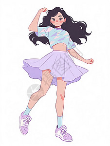 穿紫色短裙的长发可爱卡通女孩图片