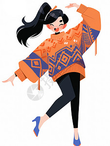 穿毛衣的女人穿几何花毛衣开心跳舞的卡通女孩插画