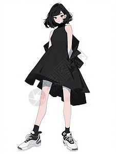 穿黑色长裙酷酷的卡通女孩插画