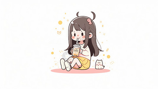 坐在地上喝奶茶的可爱卡通小女孩图片