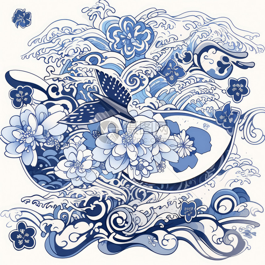 蓝色调抽象海浪中的花朵抽象插画图片