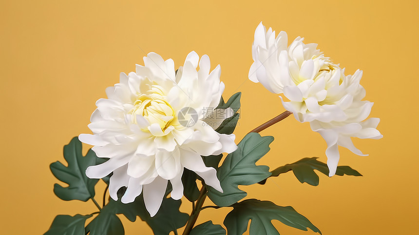 黄色背景上盛开的白色菊花图片