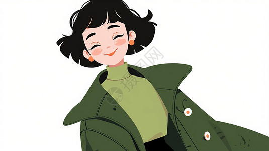 绿色风衣穿浅绿色毛衣微笑的可爱卡通女孩插画