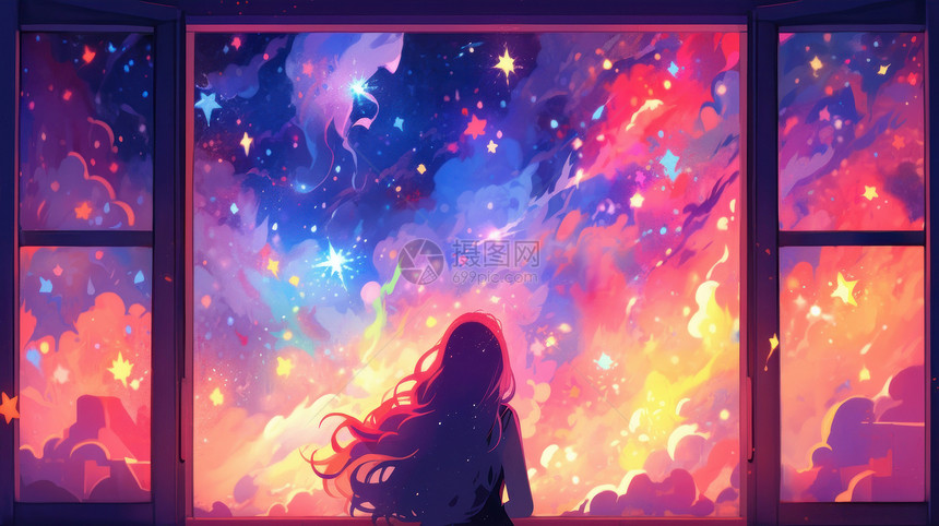 长发漂亮的卡通女孩看着窗外的梦幻星星夜空图片