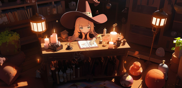 夜晚趴在书桌上看书的可爱卡通小女巫图片