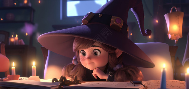 魔女帽点燃蜡烛坐在桌前认真学习的可爱卡通小女巫插画