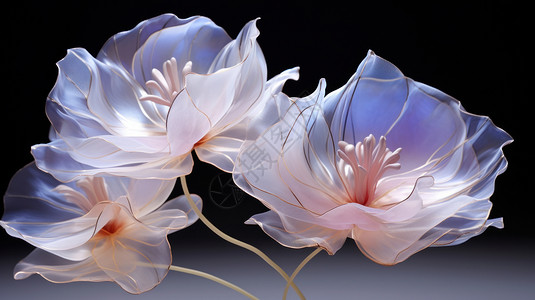 个深色玻璃架深色背景超现实透明花瓣的花朵插画