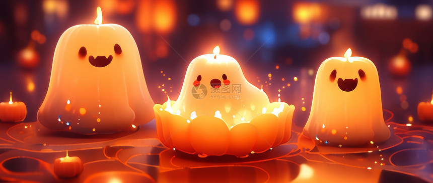 万圣节三个可爱点燃的蜡烛幽灵图片