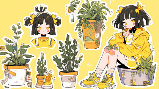 黄色的花盆穿黄色外套坐在花盆上可爱的卡通小女孩与植物盆栽插画