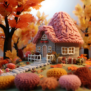 粉色屋顶毛线编织可爱的小房子背景图片