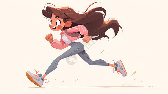 穿粉色外套开心奔跑的长发卡通女孩图片