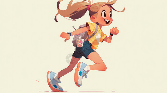 背着包开心奔跑的可爱卡通小女孩图片