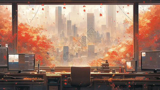 大落叶秋天大窗工位前漂亮唯美的卡通风景插画