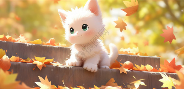 玩耍木秋天在台阶上玩耍的可爱小白猫插画